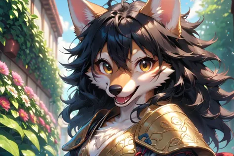 score_9, score_8_up, score_8, score_9, medium angle view, close up shot, detailed face,garden, outside, happy, furry female, samurai armor, black hair, messy hair, hair between eyes, white (chest tuft:1.1), long wolf tail, animal hands, open mouth, looking at viewer, body fur, golden eyes, source_furry,
 <lora:Pony_Fantasy_Knights_-_By_HailoKnight:0.8> hkstyle