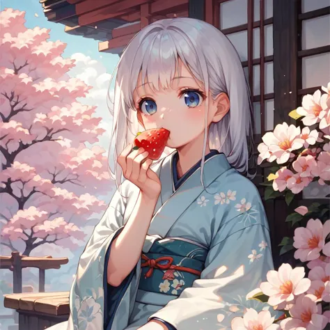 anime girl eating a strawberry in front of a cherry tree