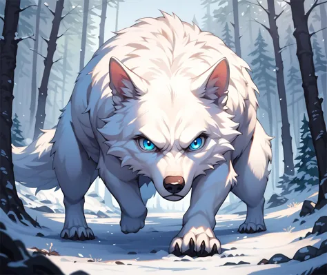 anime wolf with blue eyes walking through a snowy forest