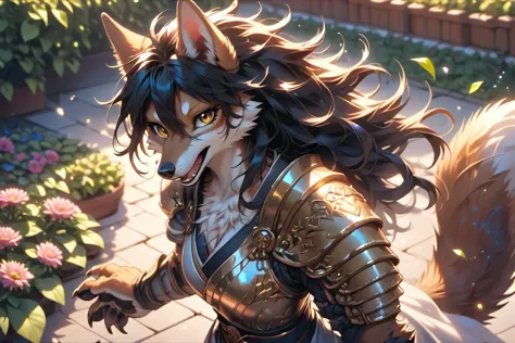 a close up of a woman in armor with a wolf on her shoulder