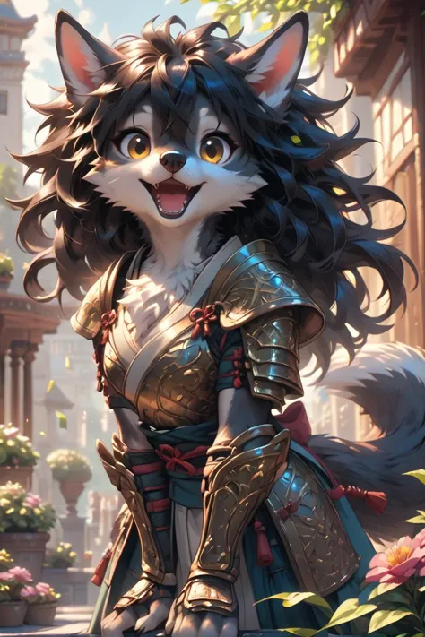 score_9, score_8_up, score_8, score_9, medium angle view, close up shot, detailed face,garden, outside, happy, furry female, samurai armor, black hair, messy hair, hair between eyes, white (chest tuft:1.1), long wolf tail, animal hands, open mouth, looking at viewer, body fur, golden eyes, source_furry,
 <lora:Pony_Fantasy_Knights_-_By_HailoKnight:0.8> hkstyle