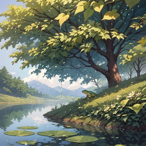 painting of a frog sitting on a tree by a lake