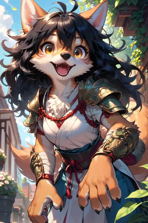 score_9, score_8_up, score_8, score_9, medium angle view, close up shot, detailed face,garden, outside, happy, furry female, samurai armor, black hair, messy hair, hair between eyes, white (chest tuft:1.1), long wolf tail, animal hands, open mouth, looking at viewer, body fur, golden eyes, source_furry,
 <lora:Pony_Fantasy_Knights_-_By_HailoKnight:0.8> hkstyle