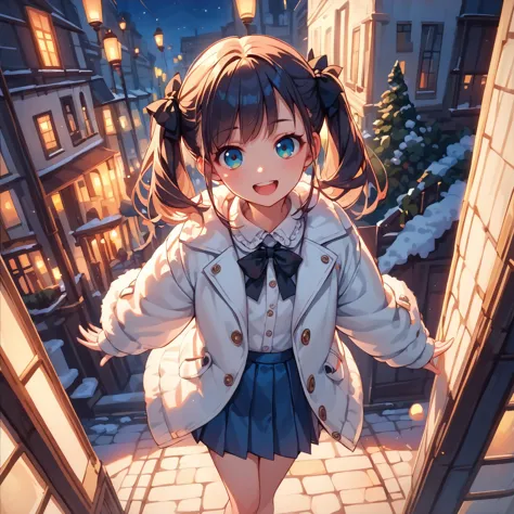 anime girl in a white coat and blue skirt standing in a doorway