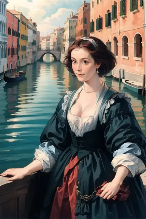 girl posing for a photoshoot in italy, venice,canal,medieval, very short red hair, cleavage <lora:ruebens:0.8>