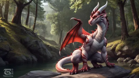 there is a dragon sitting on a rock in the woods