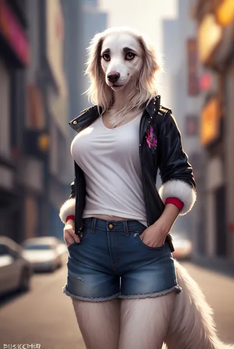 araffe dog in a leather jacket and denim shorts standing on a city street