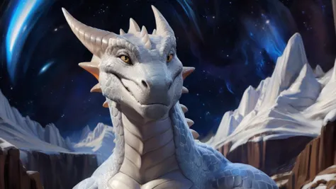 a close up of a white dragon statue in a snowy area