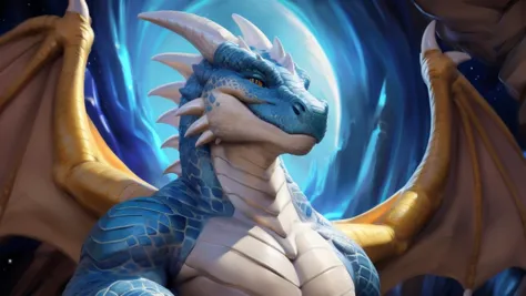 a close up of a dragon statue with a blue background