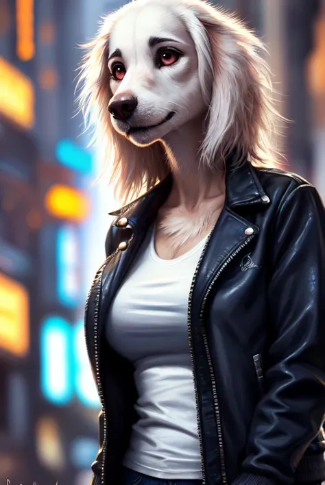 a close up of a woman wearing a dog mask in a city