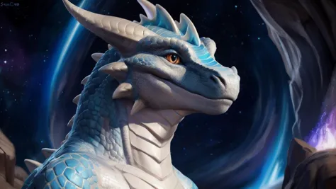 a close up of a dragon statue in front of a galaxy background