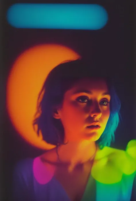 Psychedelic Color slide projected over a (27 yo American woman), (dark Jungian psychological imagery)(key lighting, f1.8 50mm lens medium format camera)(style of [Vogue | Saturday Evening Post | Rolling Stone])(post-processing: .25 unsharp mask, S curve, dodge and burn, mid-level contrast, dark edge vignette) 