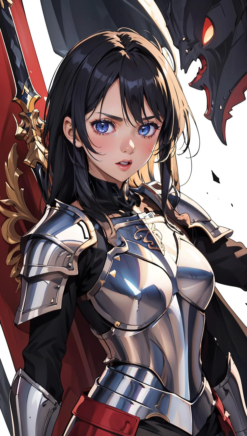 an illustration of a female paladin adorned in holy armor, wielding a sacred sword, furrowed brow, 
masterpiece, best quality, intricate detail, high background detail, high contrast,   anime screencap,