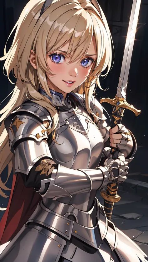 an illustration of a female paladin adorned in holy armor, wielding a sacred sword, furrowed brow, light smile, 
masterpiece, be...