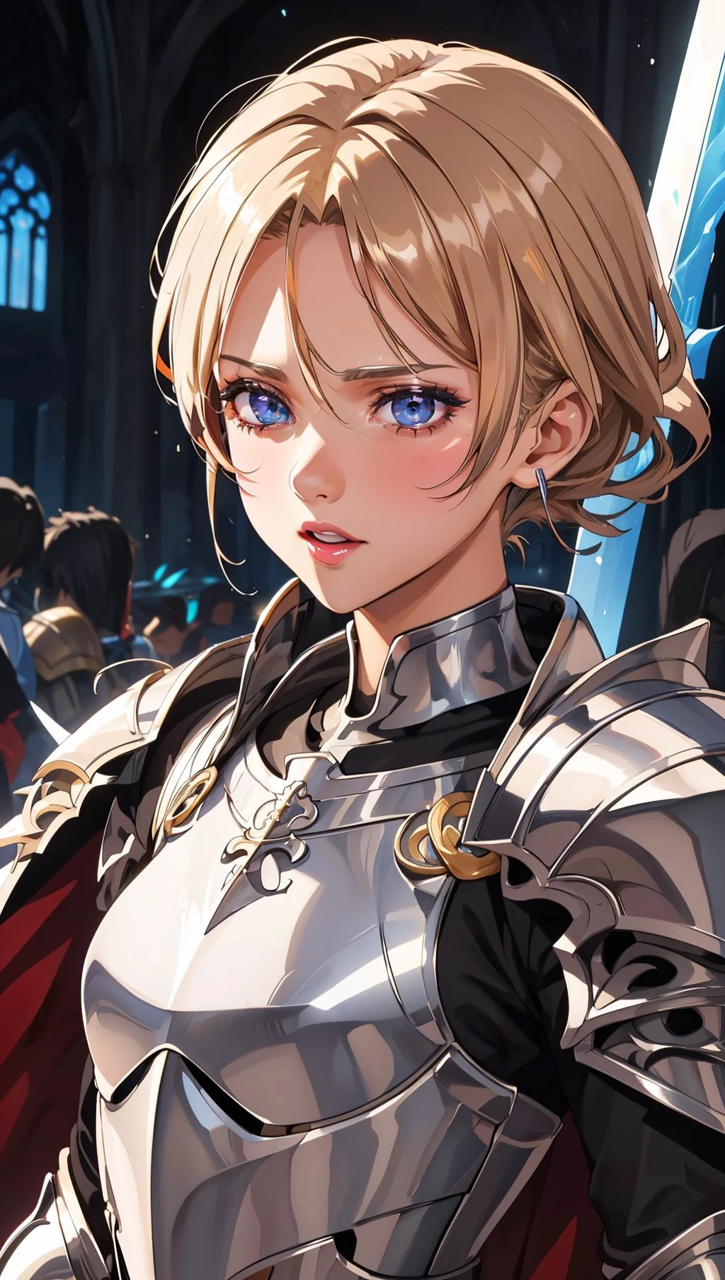 an illustration of a female paladin adorned in holy armor, wielding a sacred sword, furrowed brow, 
masterpiece, best quality, intricate detail, high background detail, high contrast,   anime screencap,