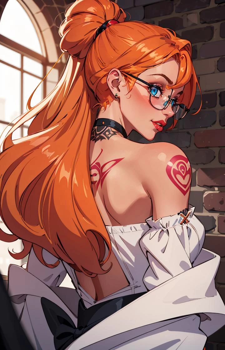 1girl, blue eyes, orange hair, ((glasses)), jewelry, lips, long hair, ring,  solo, white shirt, indoors, wall,  from behind, bare shoulders, ((shoulder tattoo)), 
masterpiece, best quality,  fellatrix style, bimbo,lips,makeup, anime screencap, flat color,  