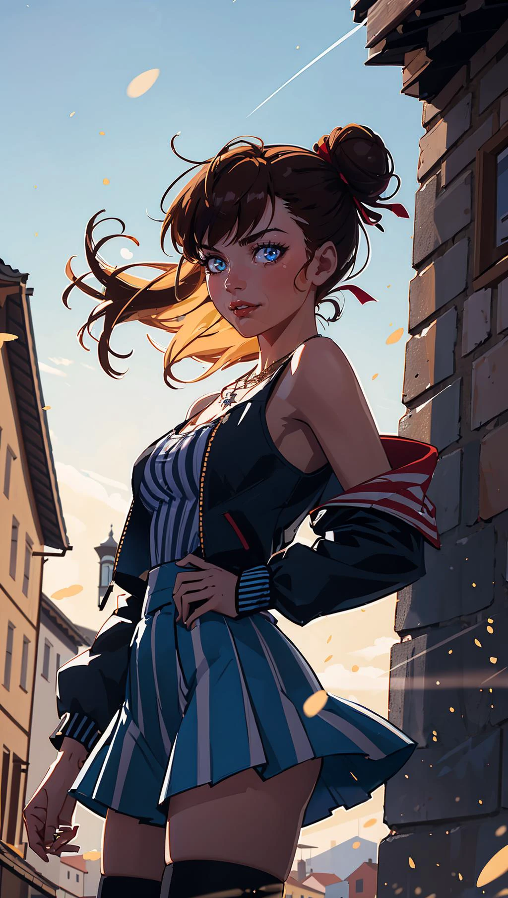 sooogs,  1girl, bare shoulders, blue eyes, breasts, brown hair, hair ribbon,  looking at viewer, necklace, bangs, single hair bun,  shirt, multicolored jacket, skirt,   shorts, pose, closed mouth, wind,  floating hair, striped thighhighs, ((cowboy shot)), 
masterpiece, best quality, scenery, day, dappled sunlight, light particles,    outline, black outline, toon \(style\),  european architecture,