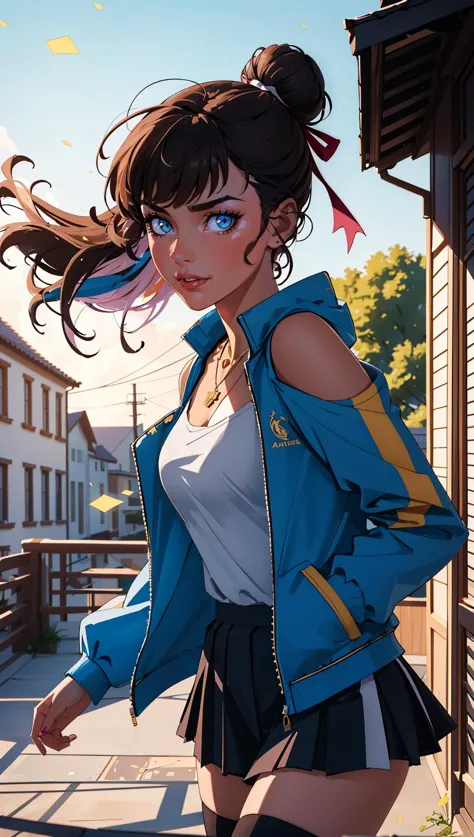 sooogs,  1girl, bare shoulders, blue eyes, breasts, brown hair, hair ribbon,  looking at viewer, necklace, bangs, single hair bun,  shirt, multicolored jacket, skirt,   shorts, pose, closed mouth, wind,  floating hair, striped thighhighs, ((cowboy shot)), 
masterpiece, best quality, scenery, day, dappled sunlight, light particles,    <lora:backlight_slider_v10:-1>   <lora:emotion_happy_slider_v1:0.8> , outline, black outline, toon \(style\),  european architecture,