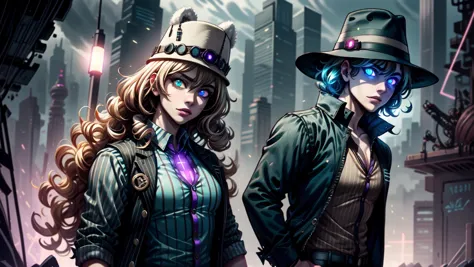 two women in hats and jackets stand in front of a city