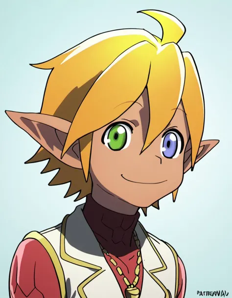 a cartoon image of a young boy with green eyes and a yellow hair