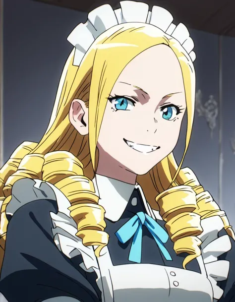 score_9, score_8_up, score_7_up, score_6_up, score_5_up, score_4_up,  , Solution, portrait, maid, long hair, blue eyes, drill hair, blond hair, wicked grin