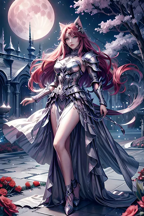 1 girl:1, a warrior woman in a beautiful garden full of silver flowers, cat ears, very long  scarlet red hair:1.2, silver flowers, silver full body, plate armor,  Night:1,  Full moon, <lora:SilverSapphireAI:0.45> SilverSapphireAI <lora:PsionicMagic-20:0.45> psionicmagic ,  mana flow,  shimmers, psychic energy  <lora:add_detail:0.8>