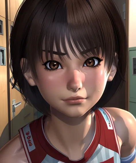 kaori,brown hair,brown eyes,short hair,surprised, closed mouth, 
volleyball uniform,
standing,upper body, close up,  
locker room,
(insanely detailed, beautiful detailed face, masterpiece, best quality),solo,<lora:Kaorii-12WW3dcg:0.8>,