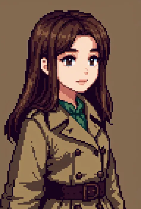 a pixel art of a woman in a trench coat