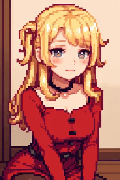 a pixel art of a woman in a red dress sitting on the floor