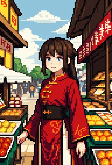 a woman in a red kimono standing in front of a store