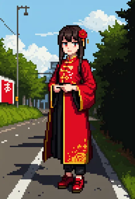 pixel art of a woman in a red dress walking down a street