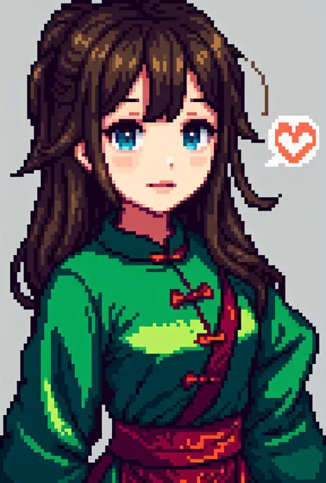 a pixel art of a woman with long hair and a green shirt