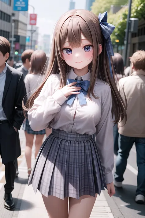 anime girl in a school uniform posing for a picture on a busy street