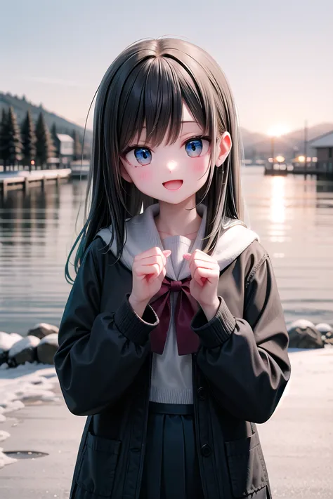 anime girl with long hair and blue eyes posing by the water