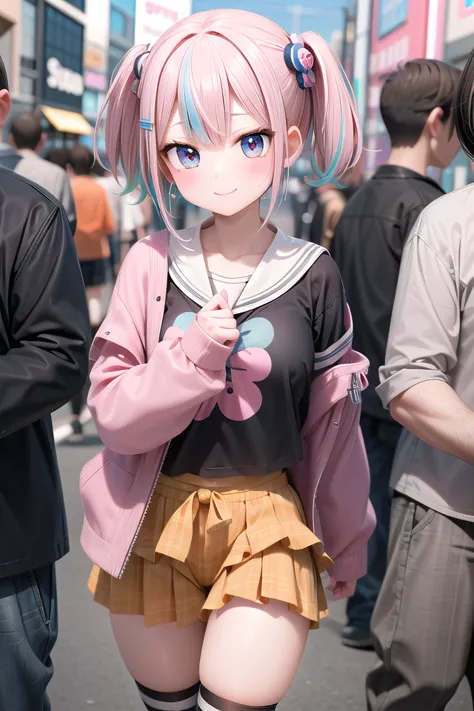 anime - style girl with pink hair and blue eyes walking down a street