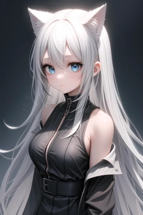 a woman with long white hair and blue eyes wearing a black outfit