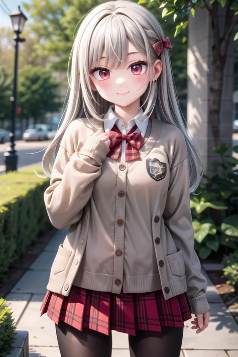 insanely detailed, absurdres, ultra-highres, ultra-detailed, best quality,
1girl, solo, nice hands, perfect hands
BREAK
(School Uniforms:1.2), (pink cardigan is fit body:1.4), ((do up a buttons, not loose):1.5), ((long sleeve, sleeves past wrists):1.2), (inner wear is white collared-shirt:1.3), (red plaid-pattern bow:1.3), (red plaid-pattern pleated skirt:1.3), ((dark-brown pantyhose, loafers):1.2)
, (cleavage:-1.5)
BREAK
happy smile, laugh, closed mouth
BREAK
(45 angle:-1.5), (from side:-1.5),
standing, cowboy shot, looking at viewer
BREAK
slender, kawaii, perfect symmetrical face, ultra cute girl, ultra cute face, ultra detailed eyes, ultra detailed hair, ultra cute, ultra beautiful
BREAK
in forest, depth of field, ultra detailed background
BREAK
medium large breasts
BREAK
(grey hair, red eyes), spiked hair,