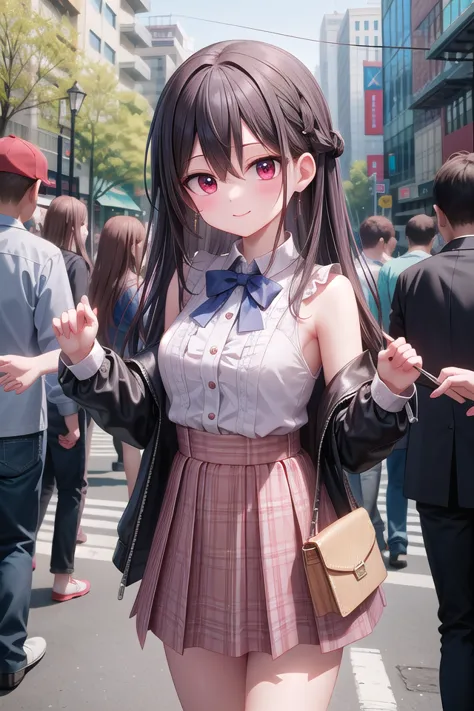 anime girl in a short skirt and a bow tie walking down a street