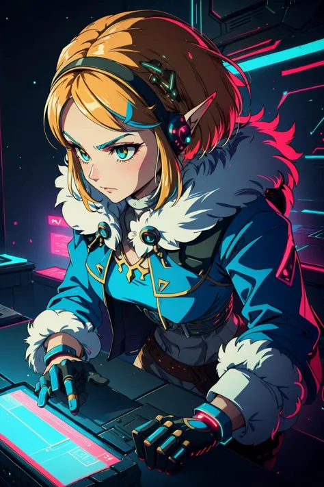 at a techno-hacker pub, digital underground hangout, encrypted communications, hacking tutorials, pricess zelda, nintendo, the legend of zelda, totk, short hair, capelet, fur trim, fur trimmed coat, <lora:zelda_botw_v1:0.7>, looking down, detailed background, detailed face, (<lora:CyberPunkAI:0.6>, neon, CyberpunkAI), cyberware, intense expression, dynamic pose, colorful, mosaic, epic atmosphere, sfw, <lora:add_detail:0.3>