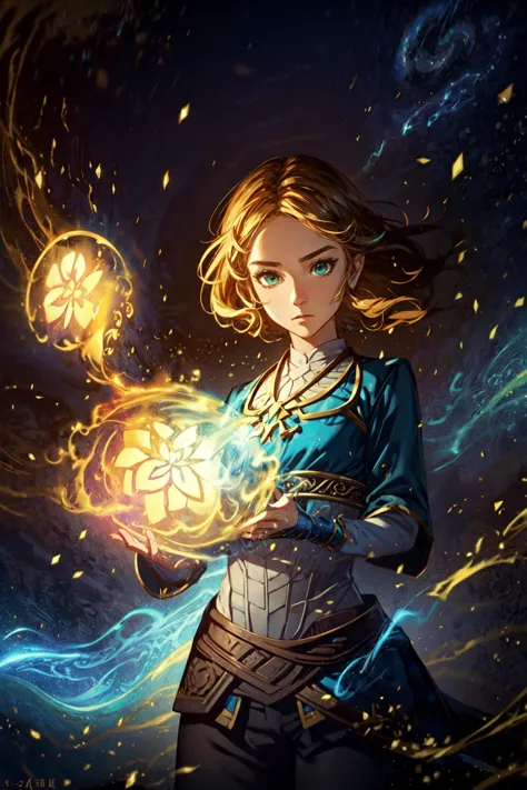 style-swirlmagic,1girl,pricess zelda, nintendo, the legend of zelda, botw,blonde hair,long hair,green eyes,black pants,blue detail shirt,standing,from front,serious expression,golden magic in hand,golden particles,night,darkness,masterpiece,extremely detailed CG unity 8k wallpaper, best quality,32k,focus sharp, 