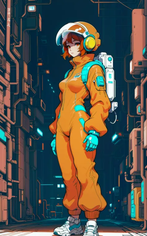 scifi, mecha pilot, full body, wearing subsurface scattering  red-orange futuristic casual clothes<lora:EnvySendNoodzXL01:-0.5><...