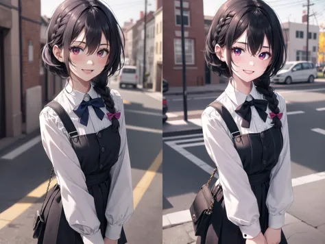 anime girl with black hair and glasses standing on the street