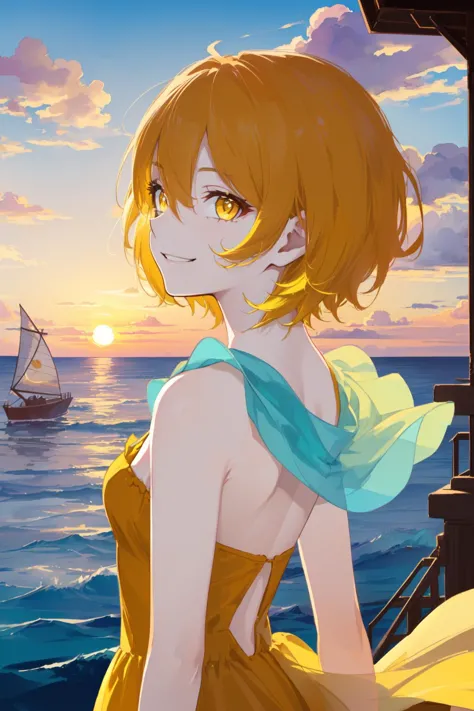 a woman in a yellow dress standing on a boat in the ocean