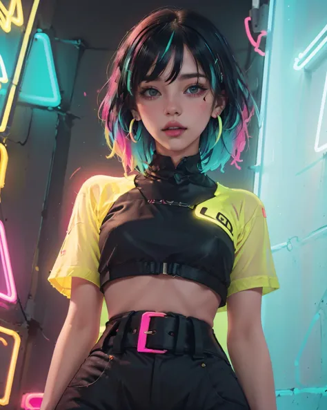 a woman with blue hair and neon lights in a neon room