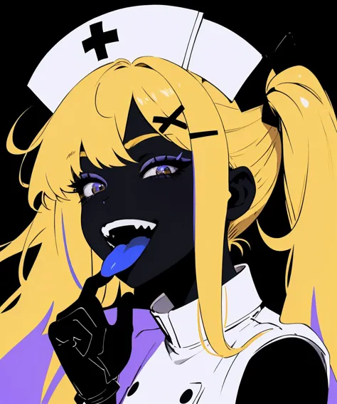monochrome,glowing,1girl,solo,long hair,looking at viewer,smile,open mouth,hair ornament,gloves,hat,twintails,ahoge,tongue,tongue out,two side up,fangs,x hair ornament,colored inner hair,nurse cap,colored tongue,blue tongue,<lora:color_diff-10:1>,