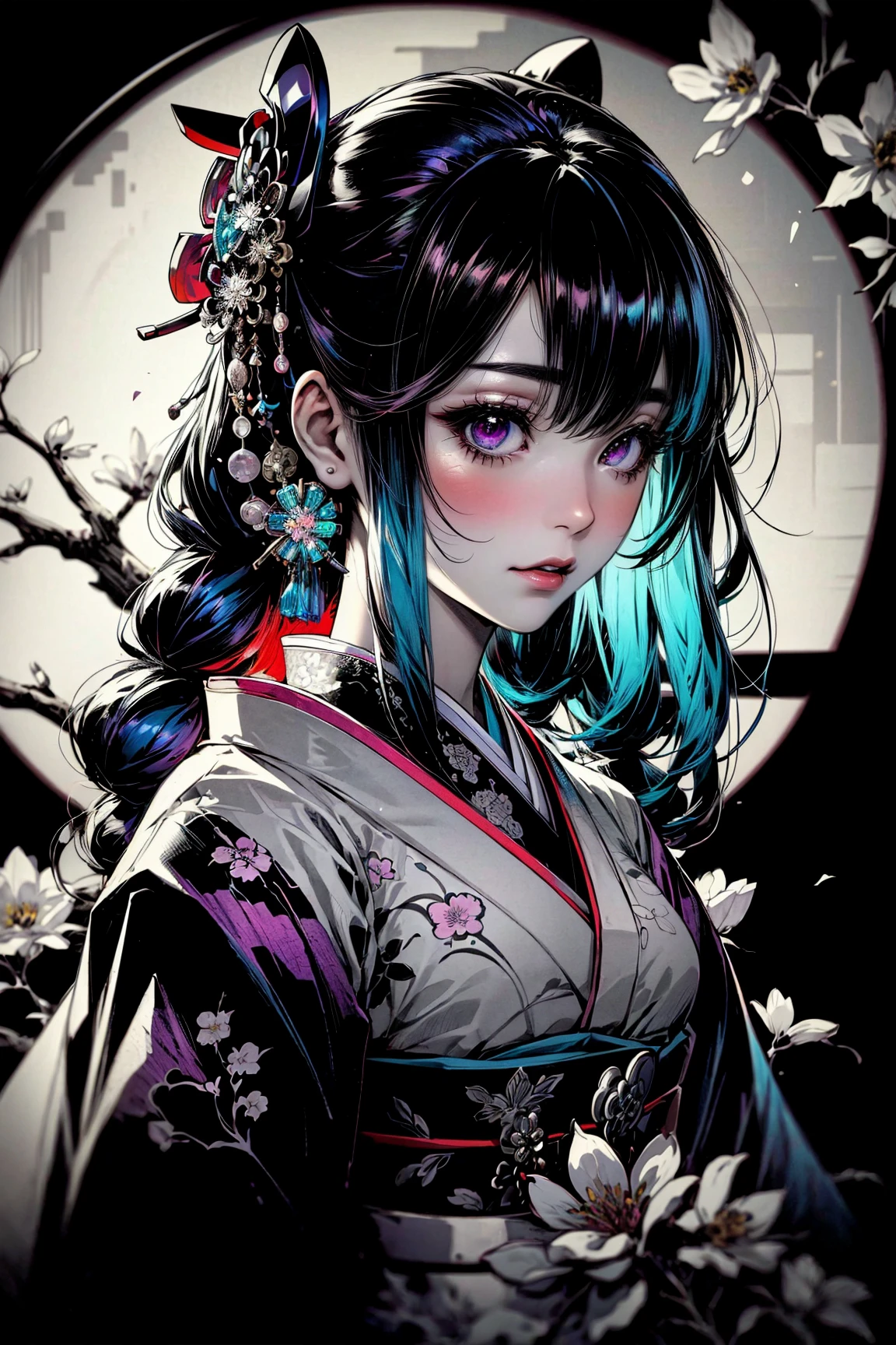 (masterpiece, best quality, detailed, high resolution, iridescent), horror, glitch, (retro), (solo), upper body, (geisha), (vibrant colors), (monochrome), blossom, tree, flowers,  