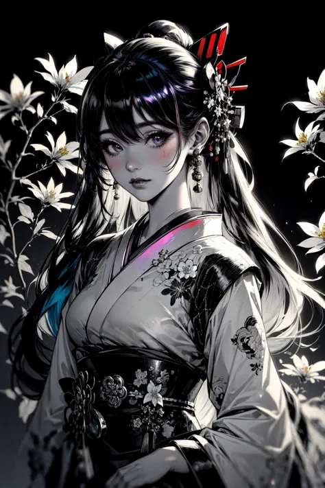 (masterpiece, best quality, detailed, high resolution, iridescent), horror, glitch, (retro), (solo), upper body, (geisha), (vibr...