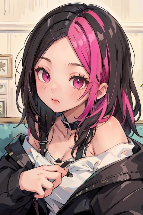 anime girl with pink hair and black jacket sitting on a couch