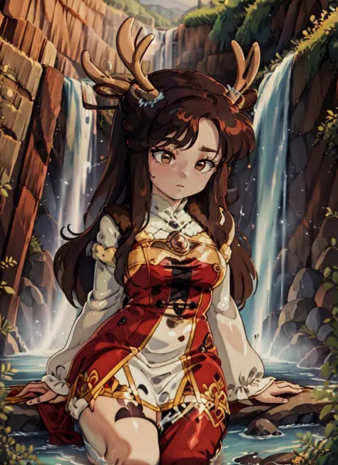 ((best quality)), ((highly detailed)), masterpiece, absurdres, detailed face, beautiful face, (detailed eyes, deep eyes), (1girl), cowboy shot, ((petticoat)), -((deer girl)), brown red hair, brown eyes, <lora:horizontal_pupils-v2:.9>, horizontal pupils, deer ears, <lora:deerantlers-12:1>, dearantlers, large deer antlers, deer tail, short tail, fur coat, (outside, at a waterfall, noon, thunder storm), <lora:Bluethebone-IAWolf:1>