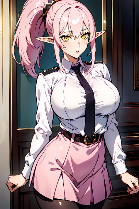 masterpiece,best quality,
1girl,big breasts, waist ,slender,
ariane, 
high ponytail,pink hair, pointy hair , elf, yellow eyes
police uniform,white shirt, necktie, short skirt,  pantyhose
watching at viewer,waist shot
ROUND BREASTS, medium BREASTS